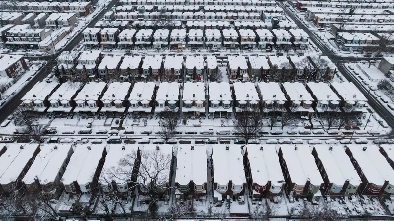 Snow covered Philadelphia rowhomes from above